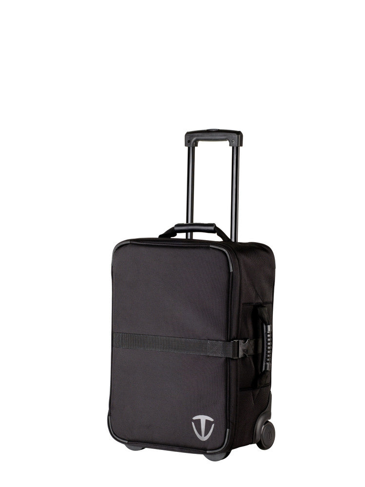 Black rolling suitcase on a white background