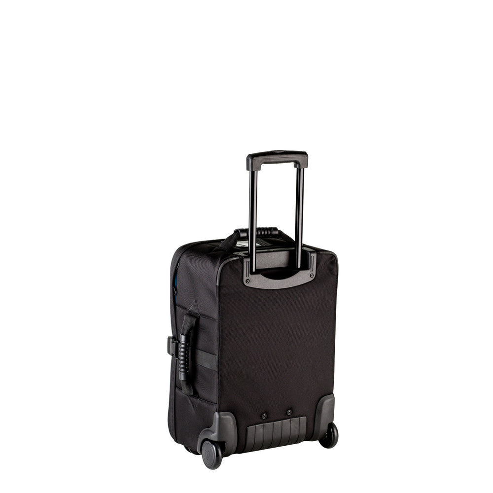 Black suitcase with wheels on a white background