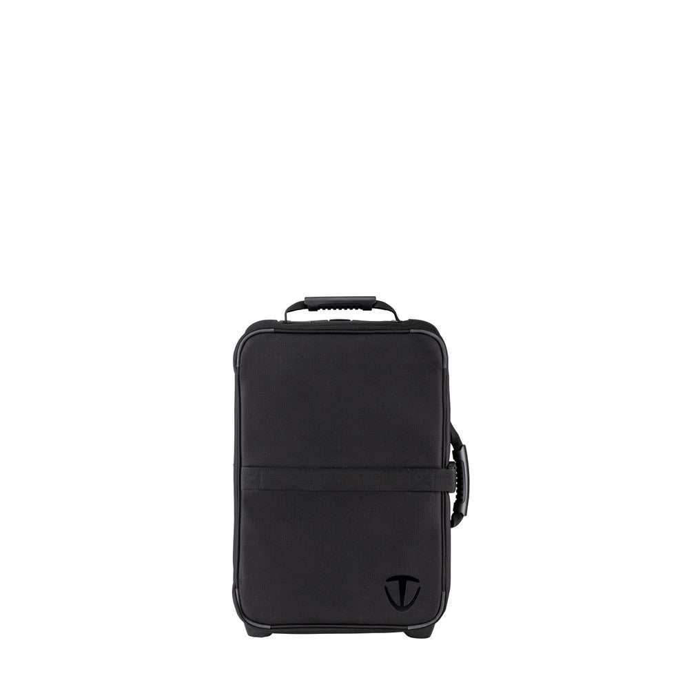 Black suitcase with a handle on a white background