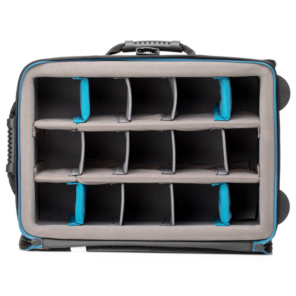 Gray and black carrying case with multiple compartments on a white background