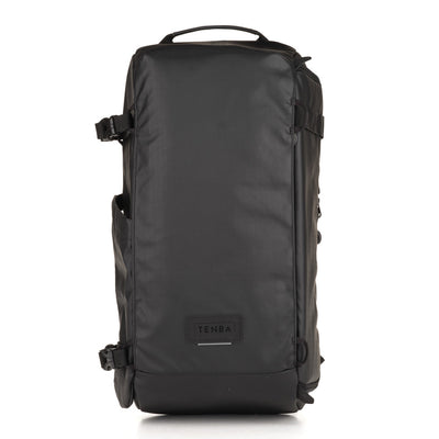 Black backpack with 'TENBA' branding on a white background