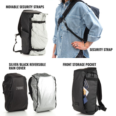 Backpack with movable security straps, silver/black reversible rain cover, and front storage pocket.