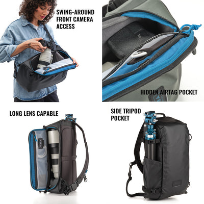 Camera backpack with features highlighted on a white background