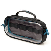 Black and blue toiletry bag with visible brand name on a white background