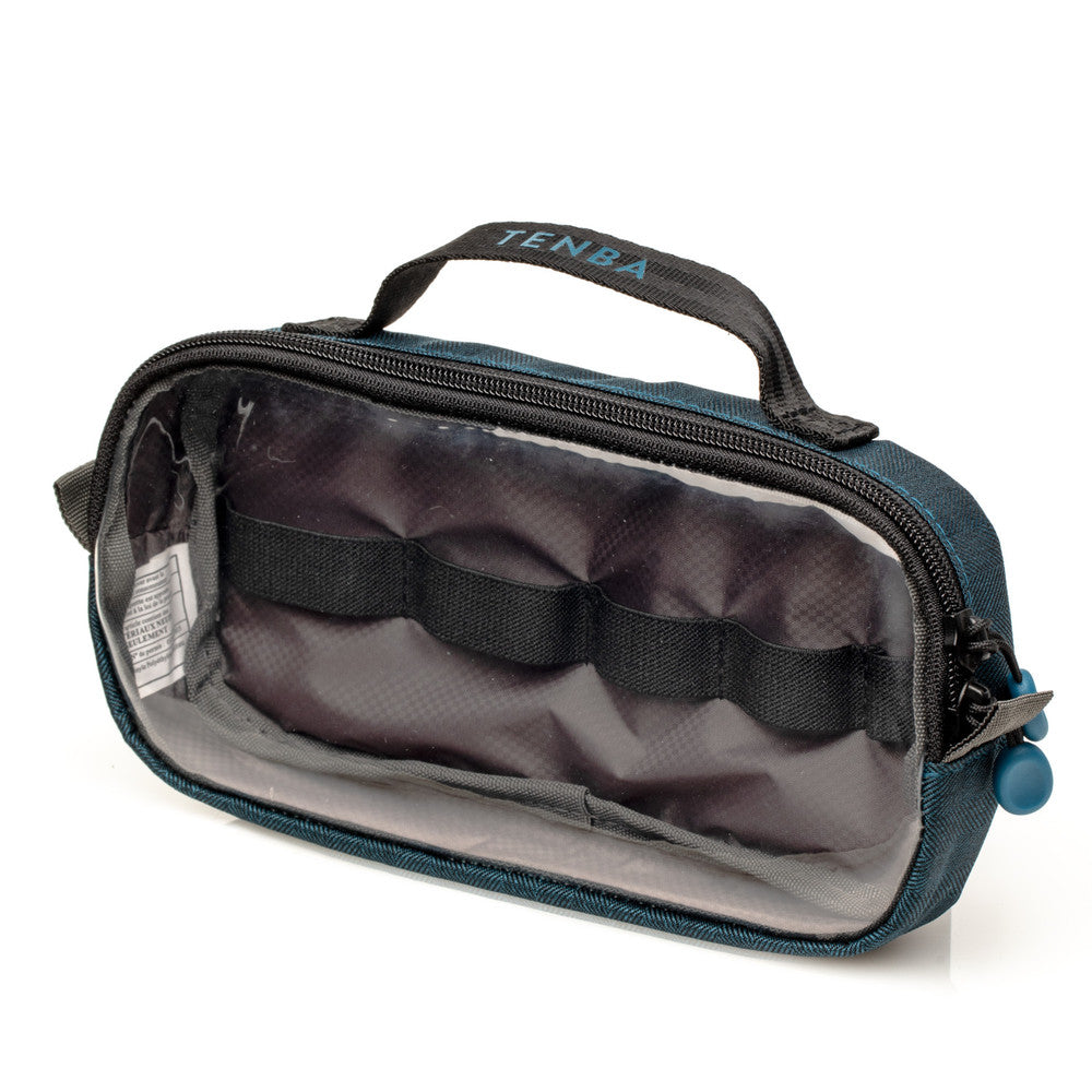 Blue camera bag with black interior on a white background