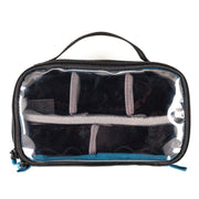 Clear travel pouch with black interior and blue exterior on a white background