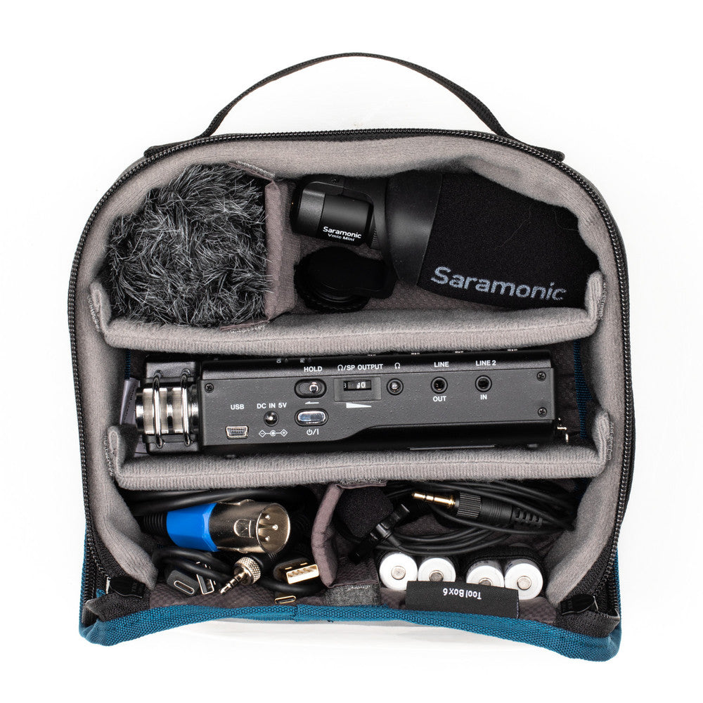 Saramonic audio equipment kit with microphone, mixer, and cables in a carrying case on a white background