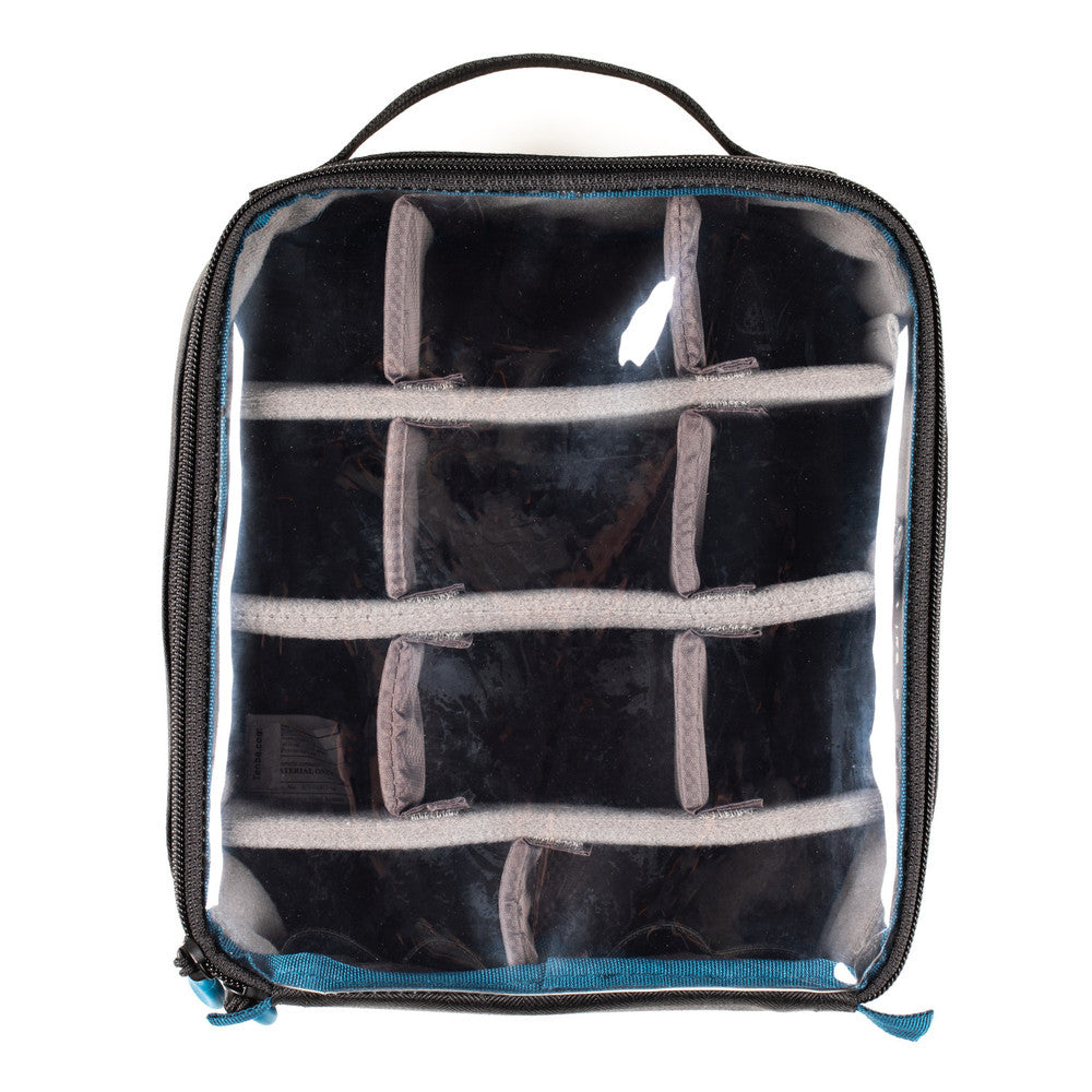 Clear travel bag with grid interior on a white background