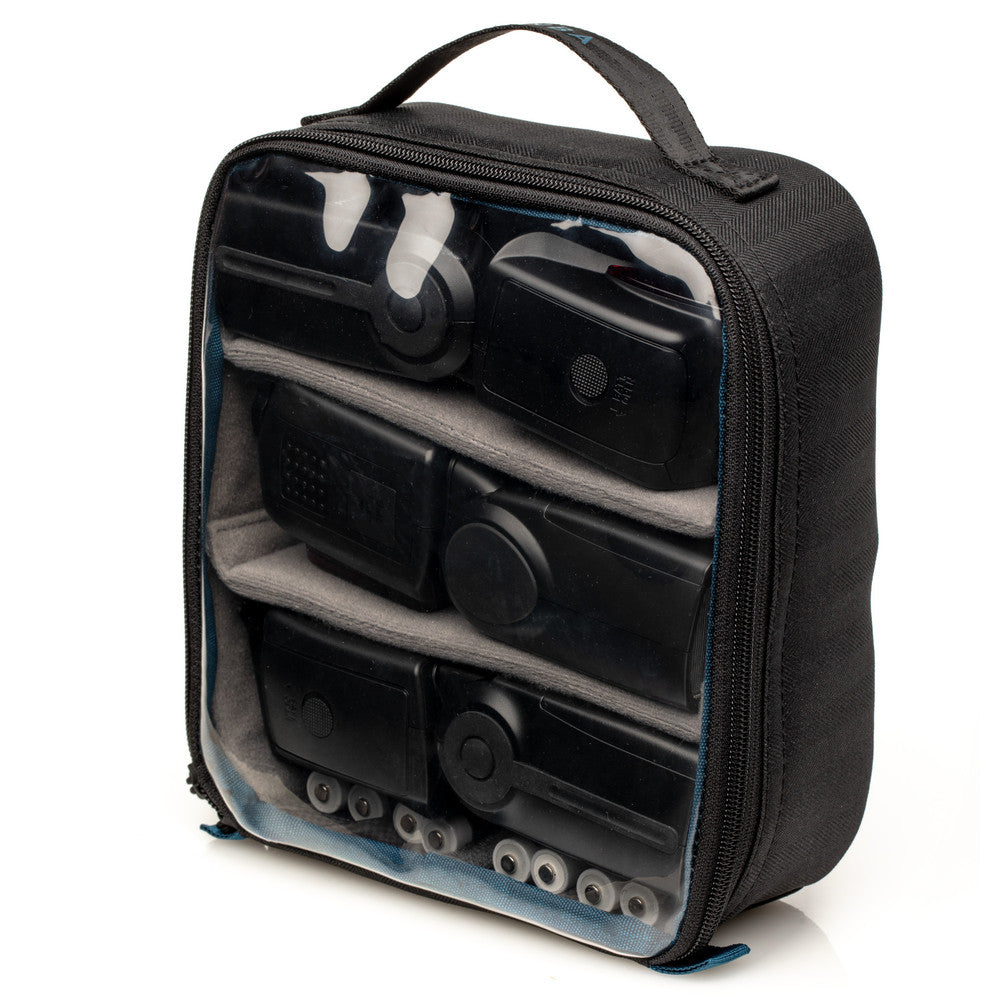 Black carrying case with compartments for electronic devices on a white background