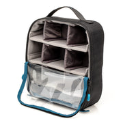 Black travel organizer with compartments and a clear front section on a white background