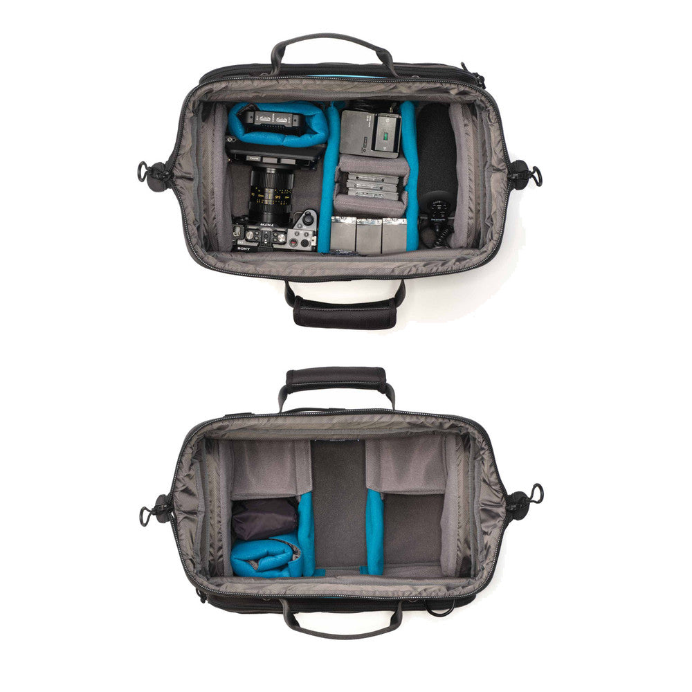 Two views of a gray travel bag with compartments and items inside on a white background