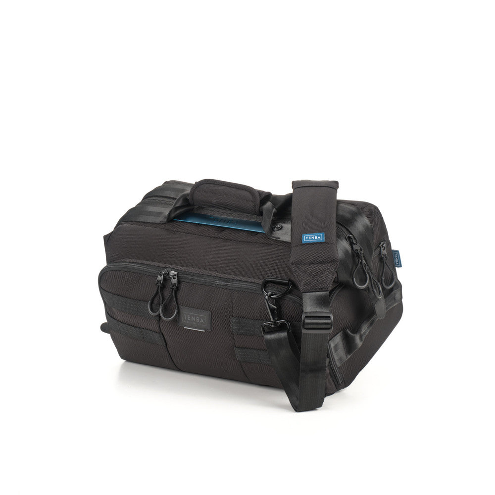 Black duffel bag with visible brand logo on a white background