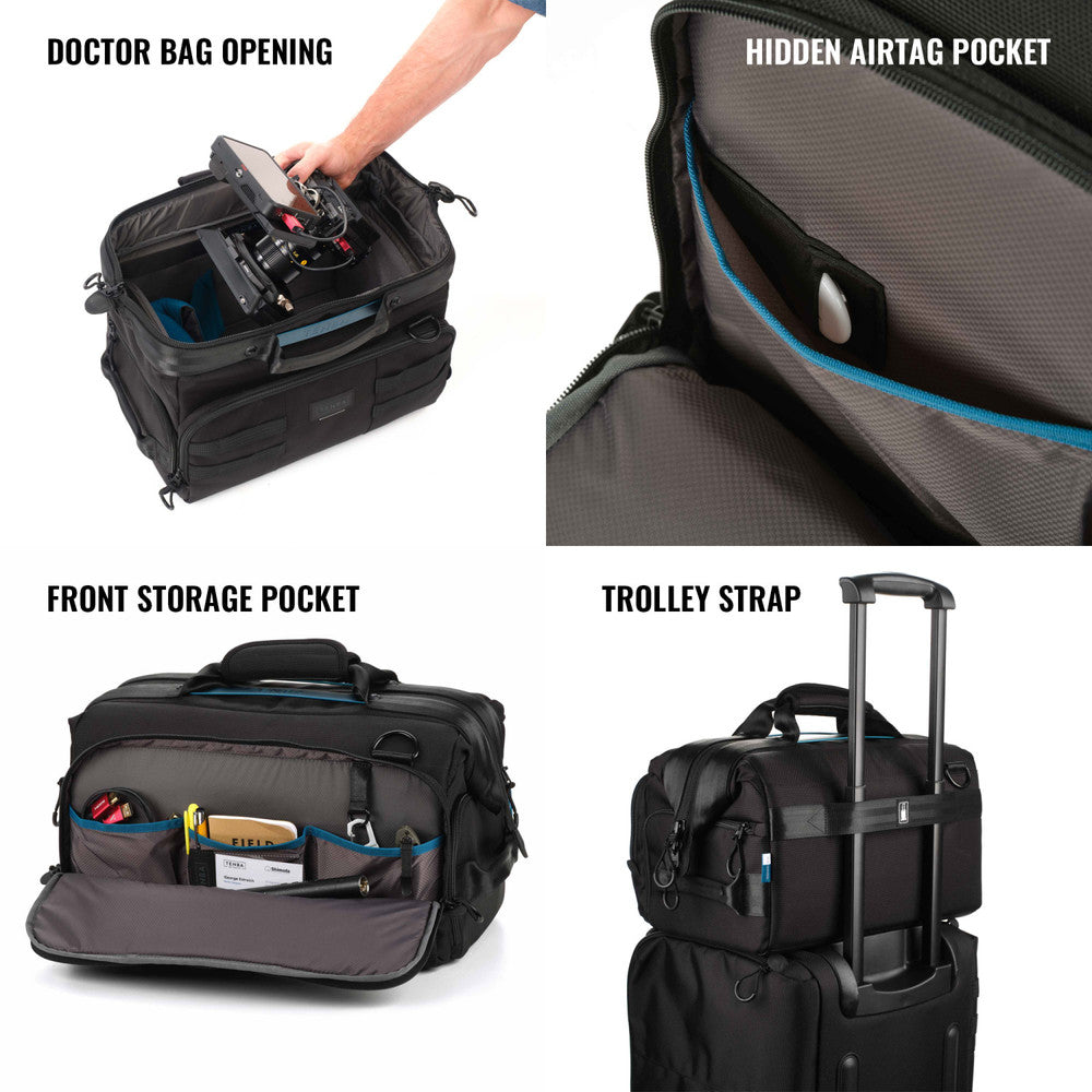 Black travel bag with features highlighted including doctor bag opening, hidden airtag pocket, front storage pocket, and trolley strap.