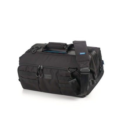 Black duffel bag with a strap on a white background