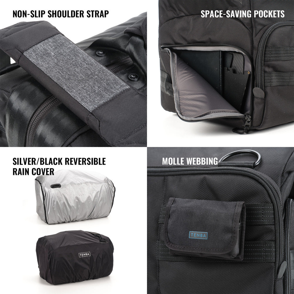 Black bag with features highlighted including non-slip shoulder strap, space-saving pockets, silver/black reversible rain cover, and Molle webbing.