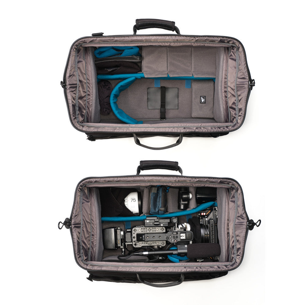 Gray travel case with camera equipment on a white background