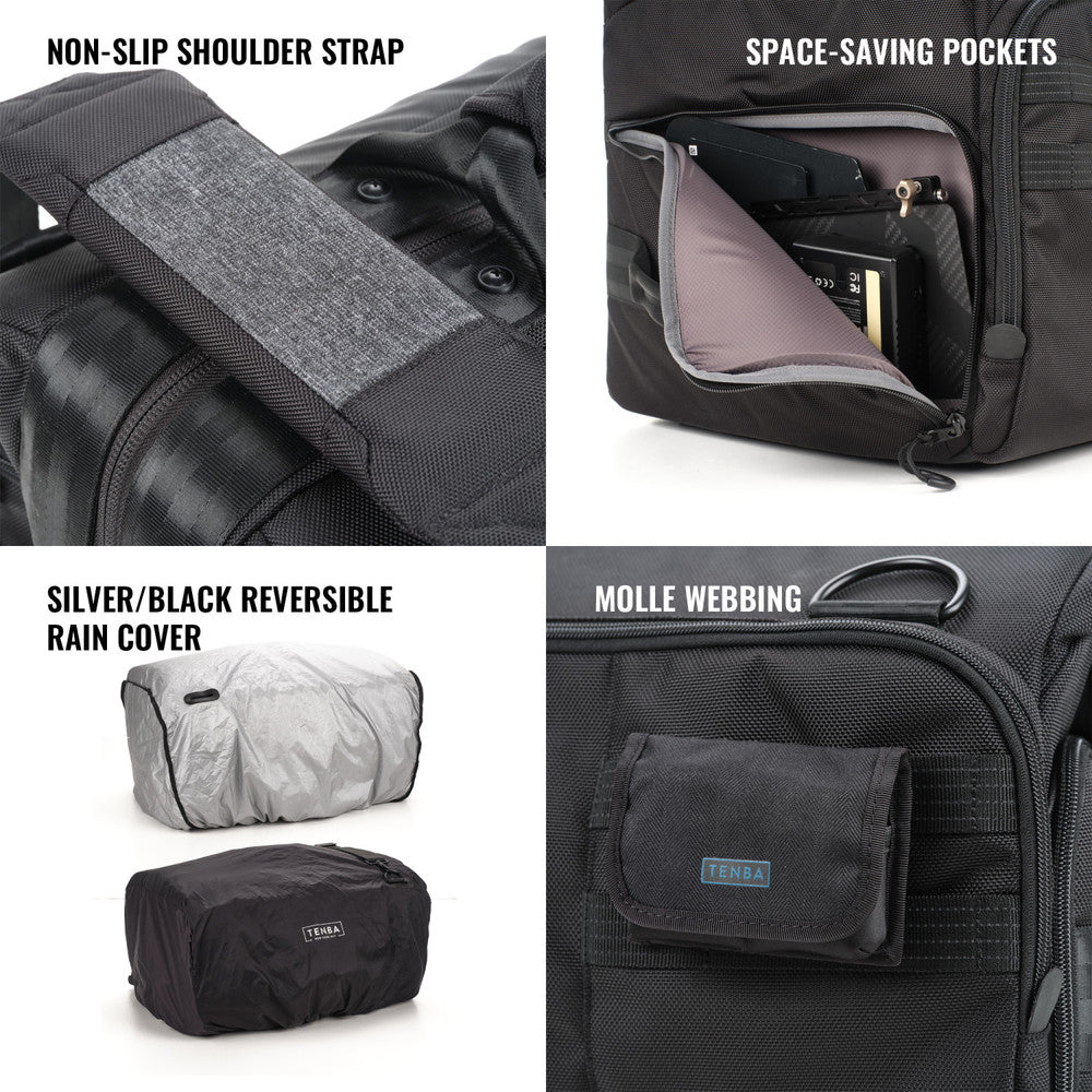Black backpack with features highlighted including non-slip shoulder strap, space-saving pockets, silver/black reversible rain cover, and Molle webbing.
