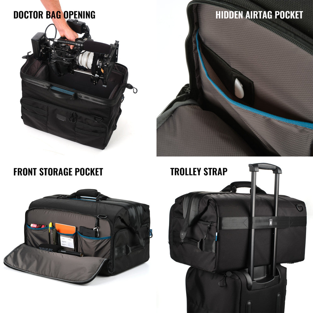 Black duffel bag with features highlighted on a white background