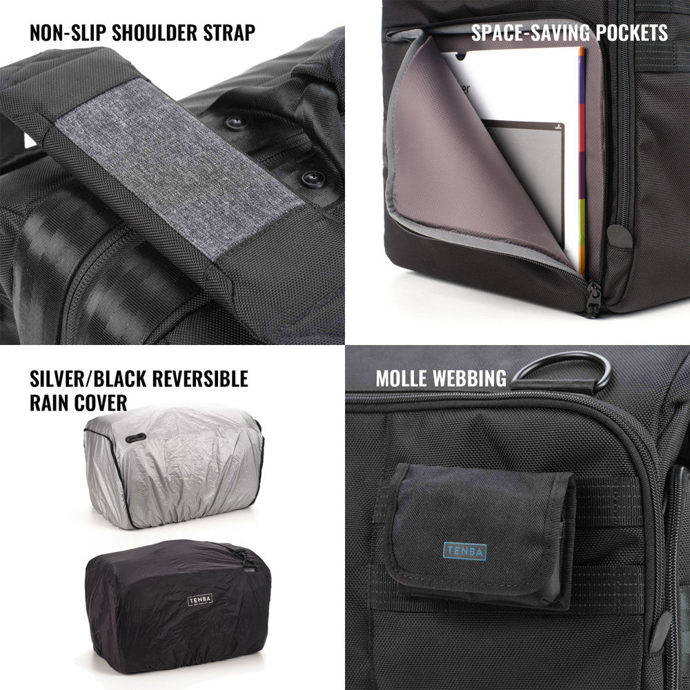 Black backpack with features highlighted including non-slip shoulder strap, space-saving pockets, silver/black reversible rain cover, and Molle webbing.