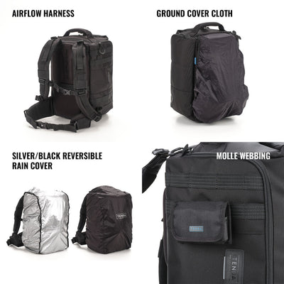 Black backpack with various features labeled on a white background