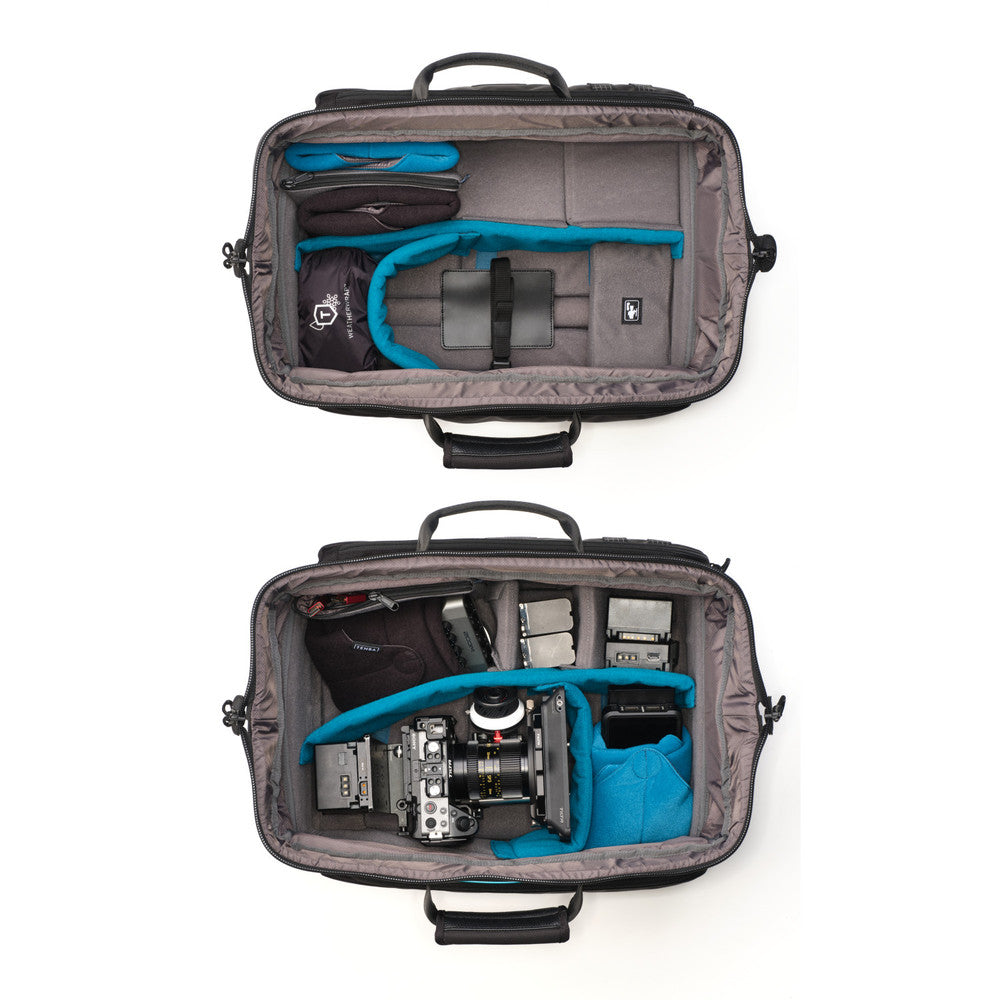 Two open camera bags showing their compartments with camera equipment on a white background