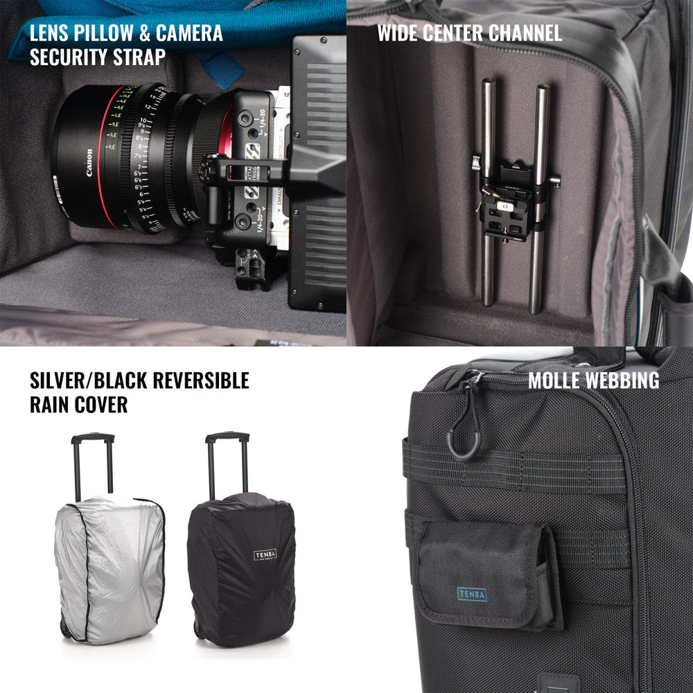 Camera bag with lens pillow, security strap, wide center channel, silver/black reversible rain cover, and MOLLE webbing.
