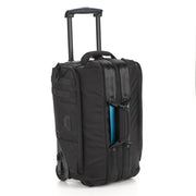 Black rolling suitcase with visible brand logo on a white background