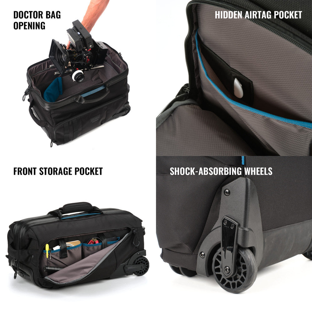 Black travel bag with features highlighted on a white background