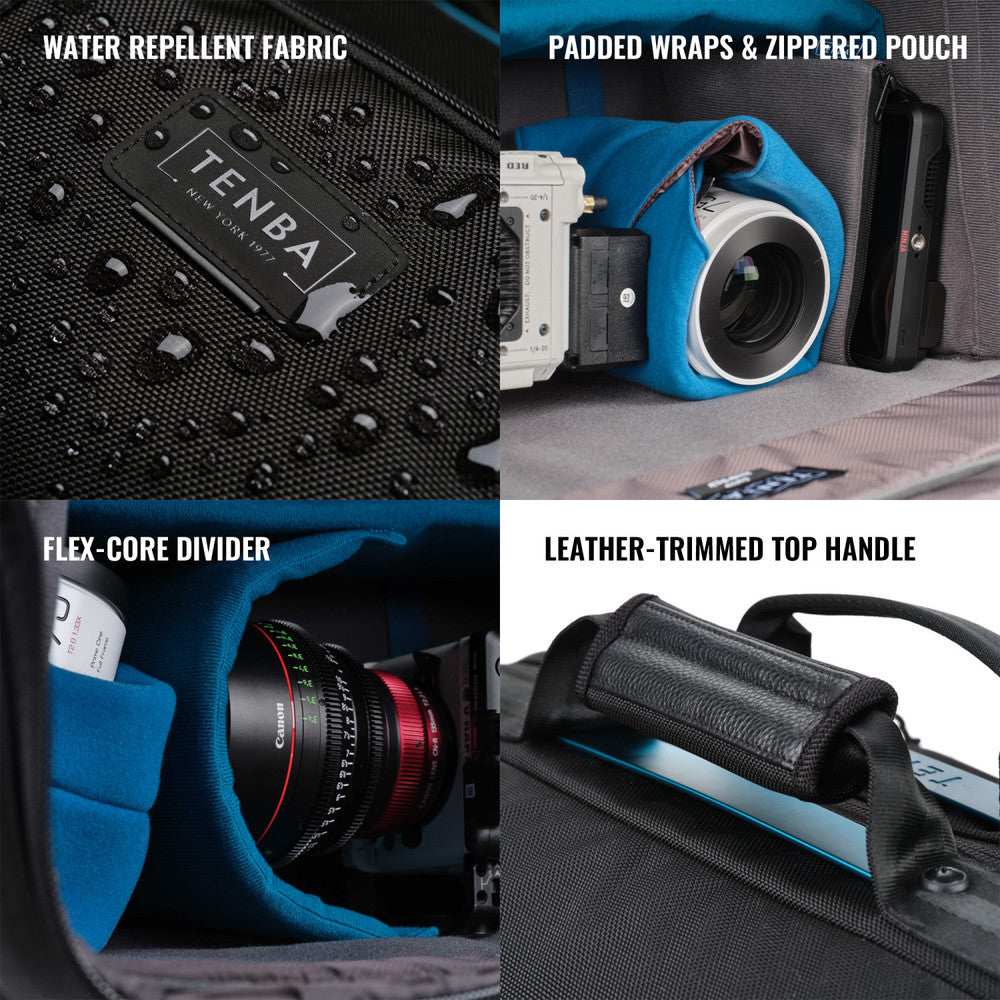 Collage of Tenba camera bag features including water repellent fabric, padded wraps, zipped pouch, flex-core divider, and leather-trimmed top handle.