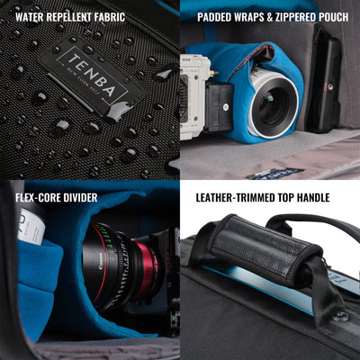 Collage of Tenba camera bag features including water repellent fabric, padded wraps, zipped pouch, flex-core divider, and leather-trimmed top handle.