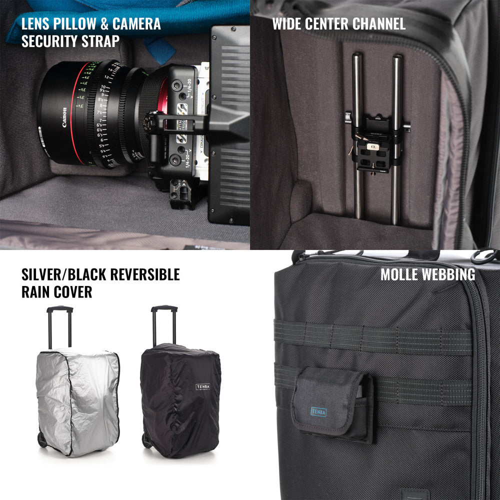 Collage of camera equipment and bag features including lens pillow, security strap, wide center channel, silver/black reversible rain cover, and molle webbing.