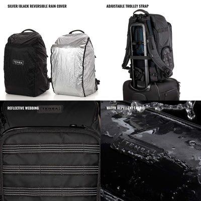 Collage of Tenna backpack features including reversible rain cover, adjustable trolley strap, reflective webbing, and water repellent fabric.