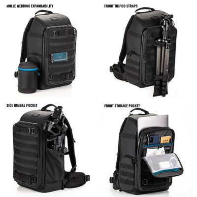 Black backpack with various features highlighted on a white background