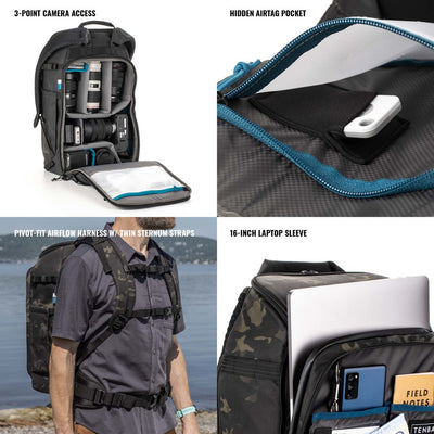Backpack with features highlighted, including camera access, airtag pocket, laptop sleeve, and person wearing the backpack.