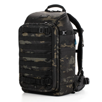 Camouflage backpack with visible brand logo on a white background