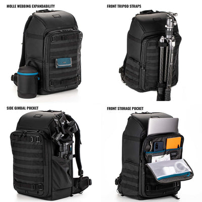 Black backpack with various features highlighted on a white background