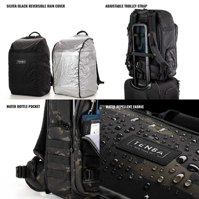 Collage of Tenba bags with features highlighted on a white background