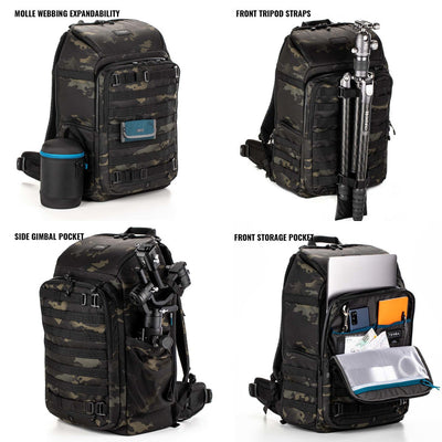 Camouflage backpack with various features labeled on a white background