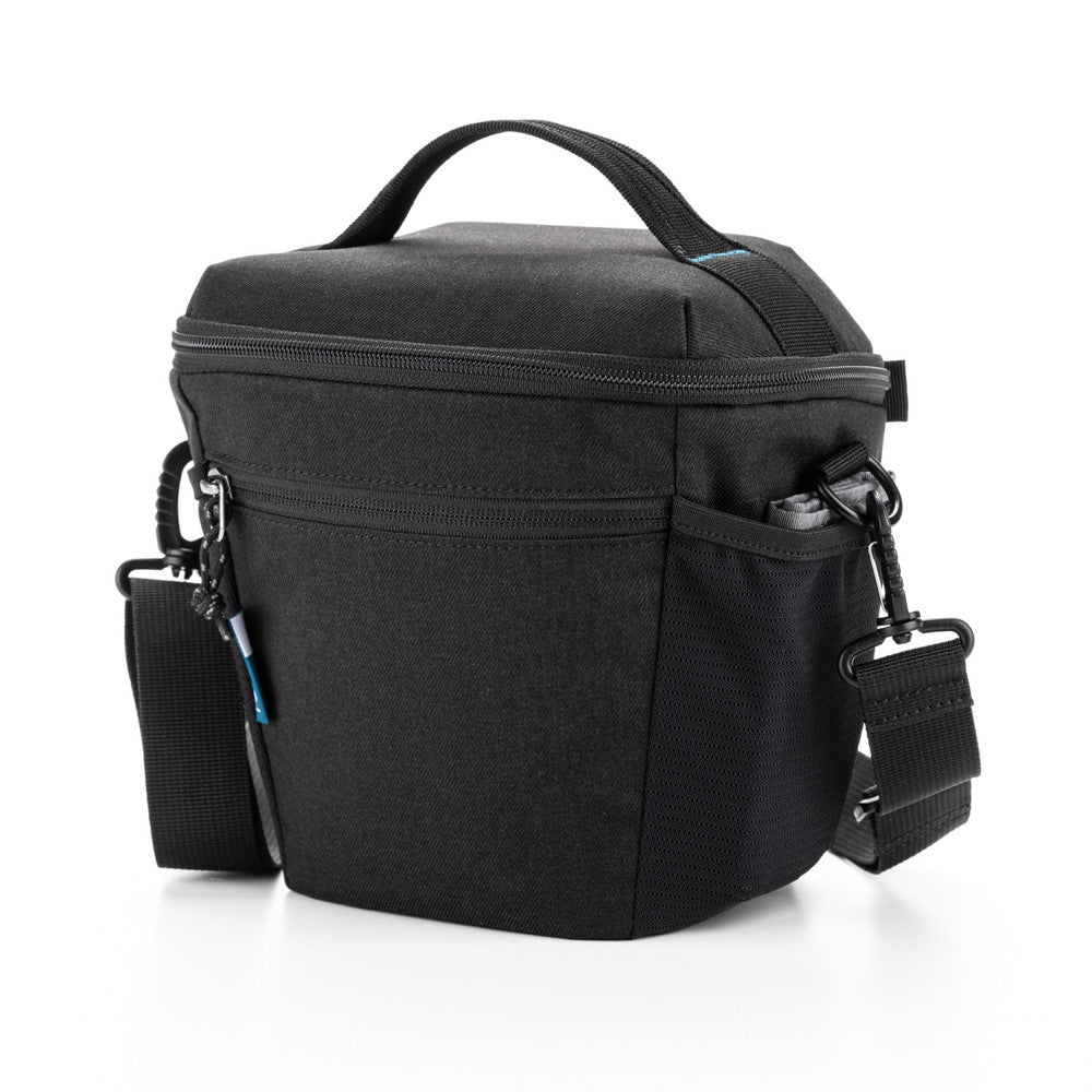 Black camera bag with shoulder strap on a white background