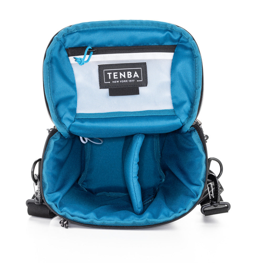 Blue bag with a visible Tenba logo on a white background