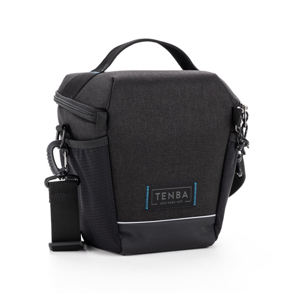Black camera bag with 'Tenba' logo on a white background
