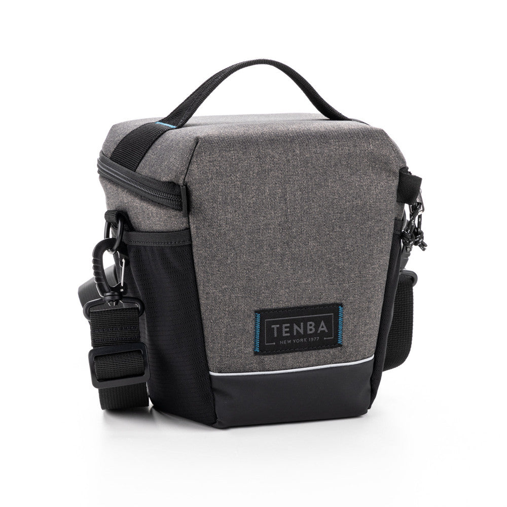 Gray and black camera bag with 'Tenba' branding on a white background