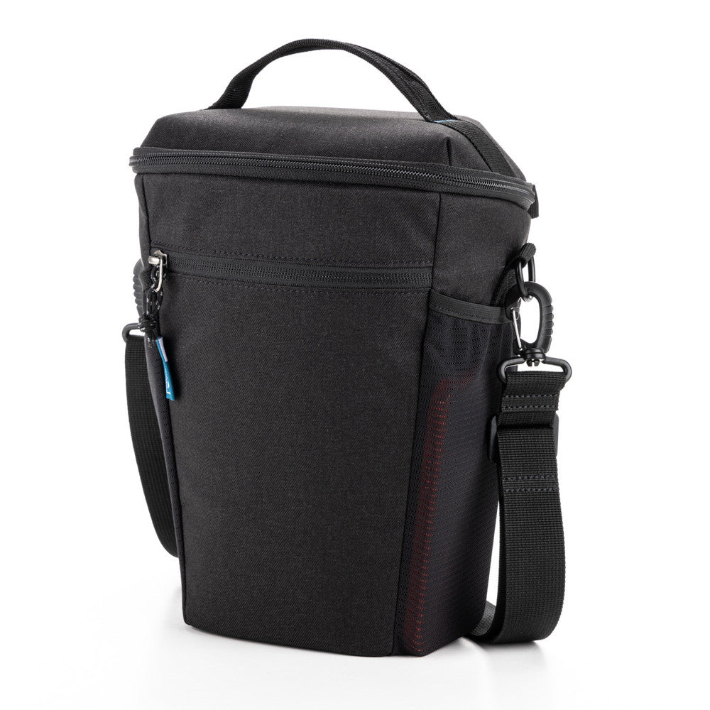 Black camera bag with a shoulder strap on a white background