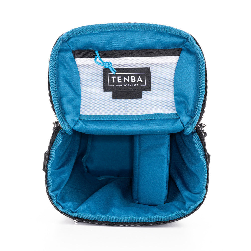 Blue camera bag with a Tenba logo on a white background