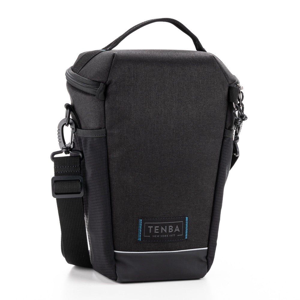 Black camera bag with a visible Tenba logo on a white background