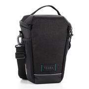 Black camera bag with a visible Tenba logo on a white background