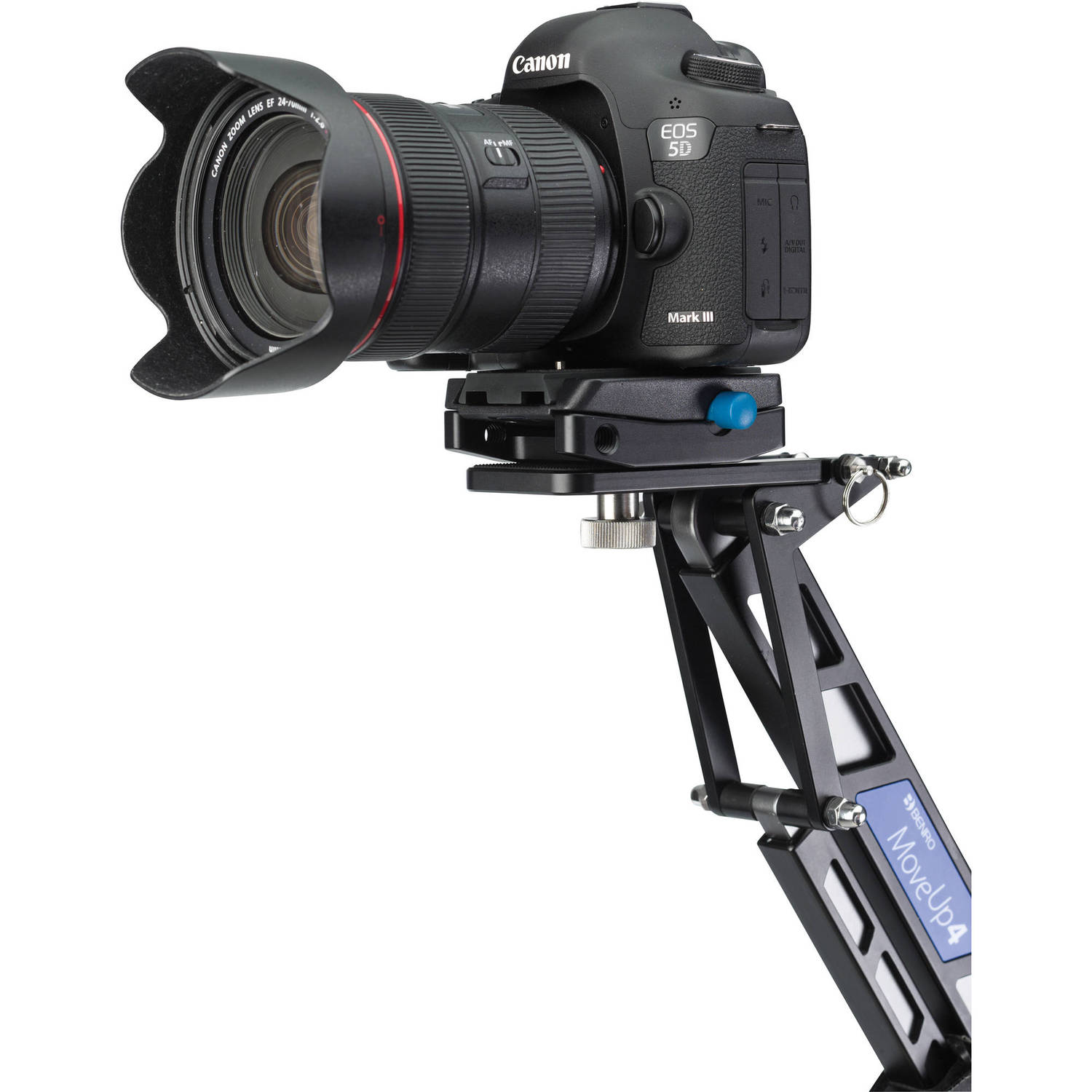 Canon camera on a tripod with a white background