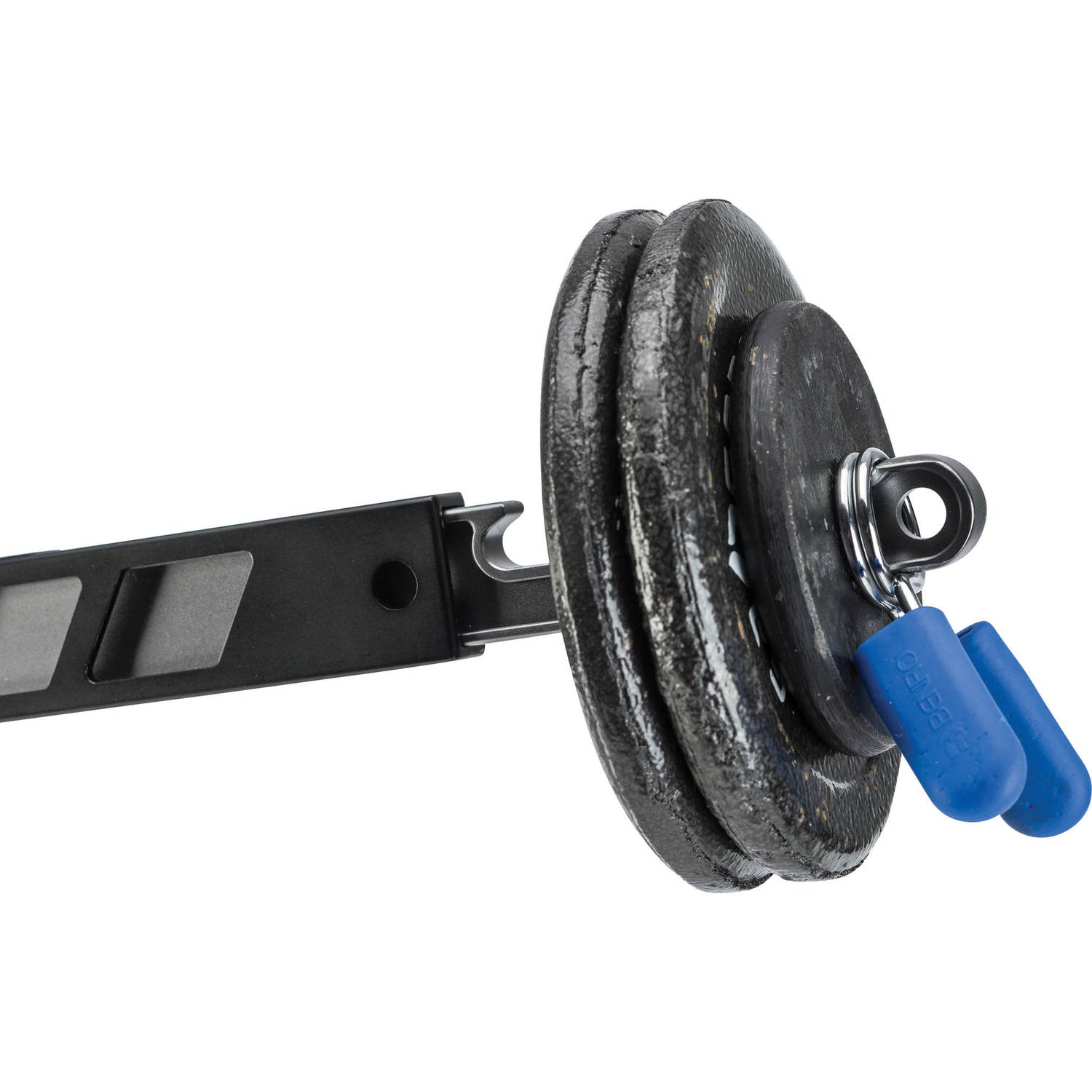 Close-up of a weight plate with a blue safety clip on a white background