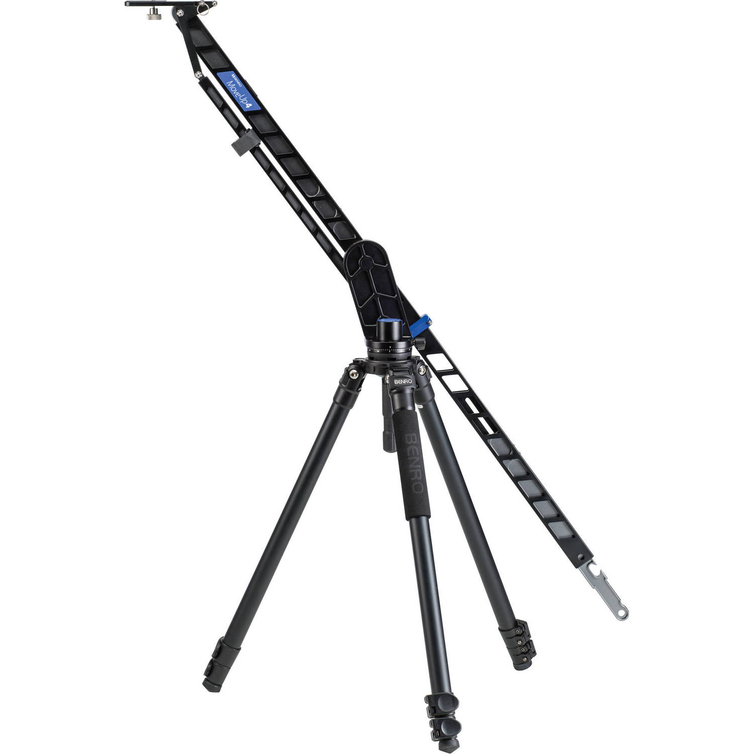 Black camera tripod on a white background