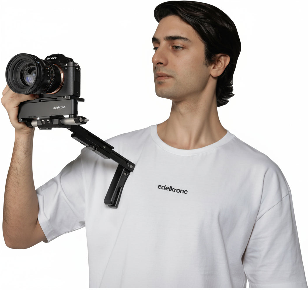 Edelkrone PocketRIG v2 compact foldable camera rig with adjustable shoulder support arm.